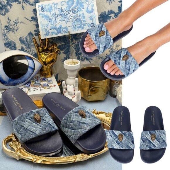 🆕 KURT GEIGER LONDON 🧿 NWOB Blue Denim Meena Eagle Slides, Sz EU 40 US 9 - Picture 1 of 10